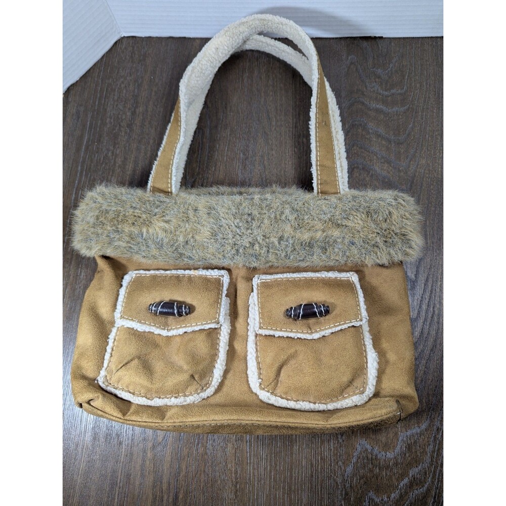 Bath & Body Works Brown Faux Suede Fur Tote Bag Purse Pockets Sherpa Edging